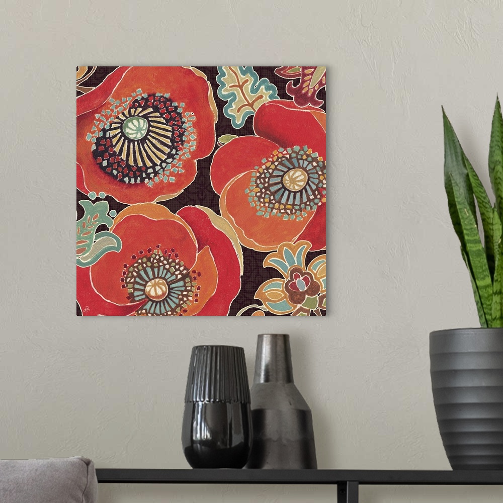 A modern room featuring Large, square contemporary art of several big Poppy flowers in warm tones, surrounded by smaller ...