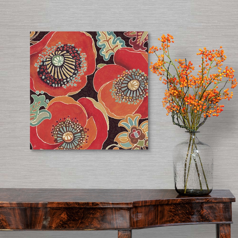 A traditional room featuring Large, square contemporary art of several big Poppy flowers in warm tones, surrounded by smaller ...