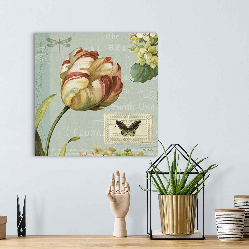 A bohemian room featuring A decorative collage panel containing a tulip, hydrangeas, and a butterfly, with antique text and...