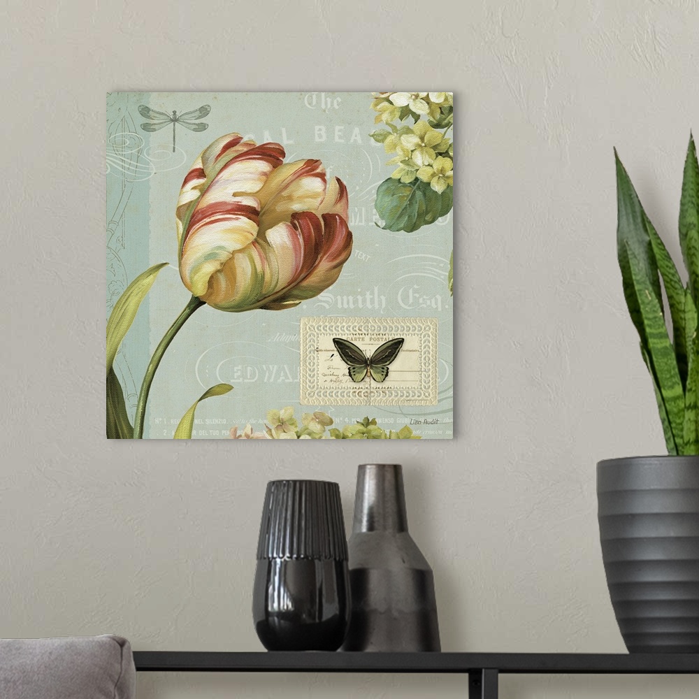 A modern room featuring A decorative collage panel containing a tulip, hydrangeas, and a butterfly, with antique text and...