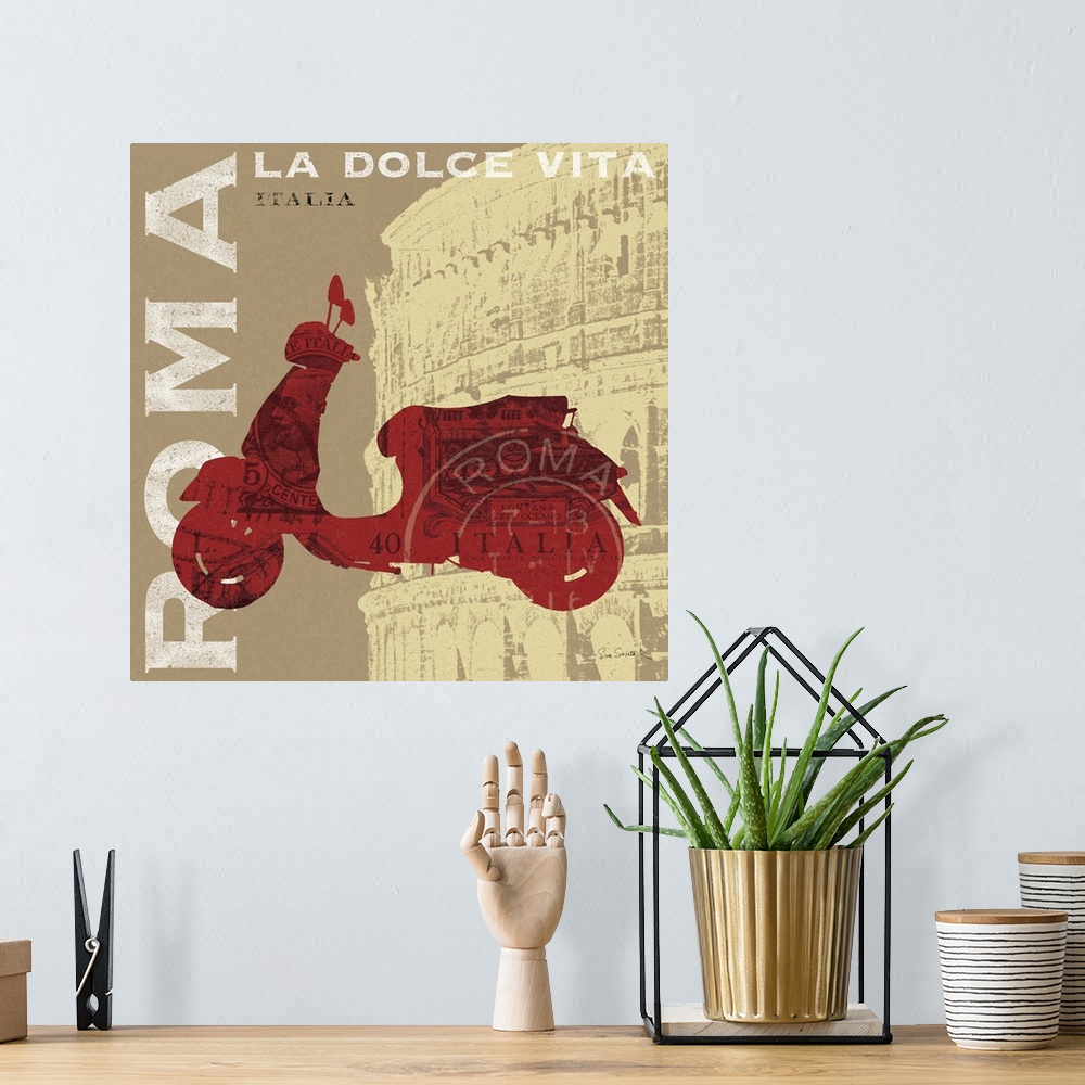 A bohemian room featuring Retro artwork of a red Vespa printed over the famous coliseum in Italy. "ROMA" is printed in bold...