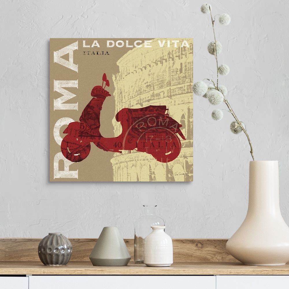 A farmhouse room featuring Retro artwork of a red Vespa printed over the famous coliseum in Italy. "ROMA" is printed in bold...