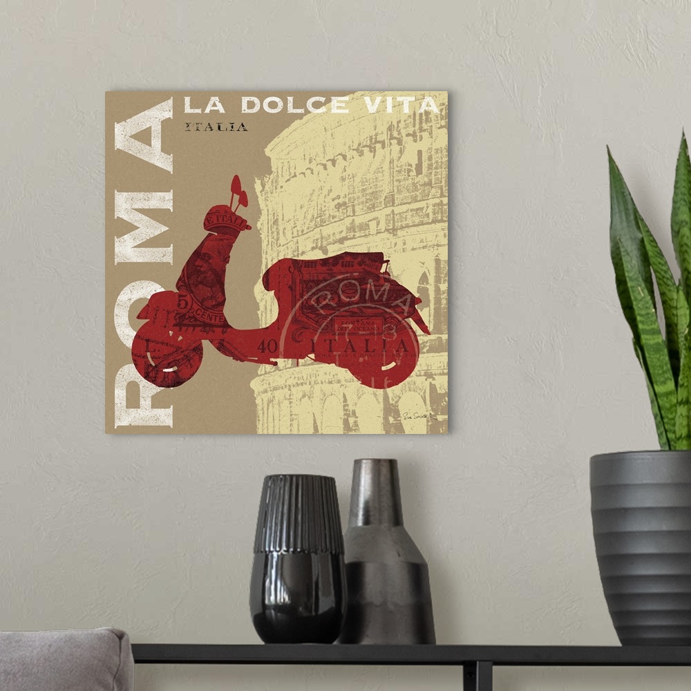 A modern room featuring Retro artwork of a red Vespa printed over the famous coliseum in Italy. "ROMA" is printed in bold...