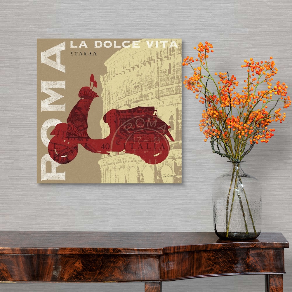 A traditional room featuring Retro artwork of a red Vespa printed over the famous coliseum in Italy. "ROMA" is printed in bold...