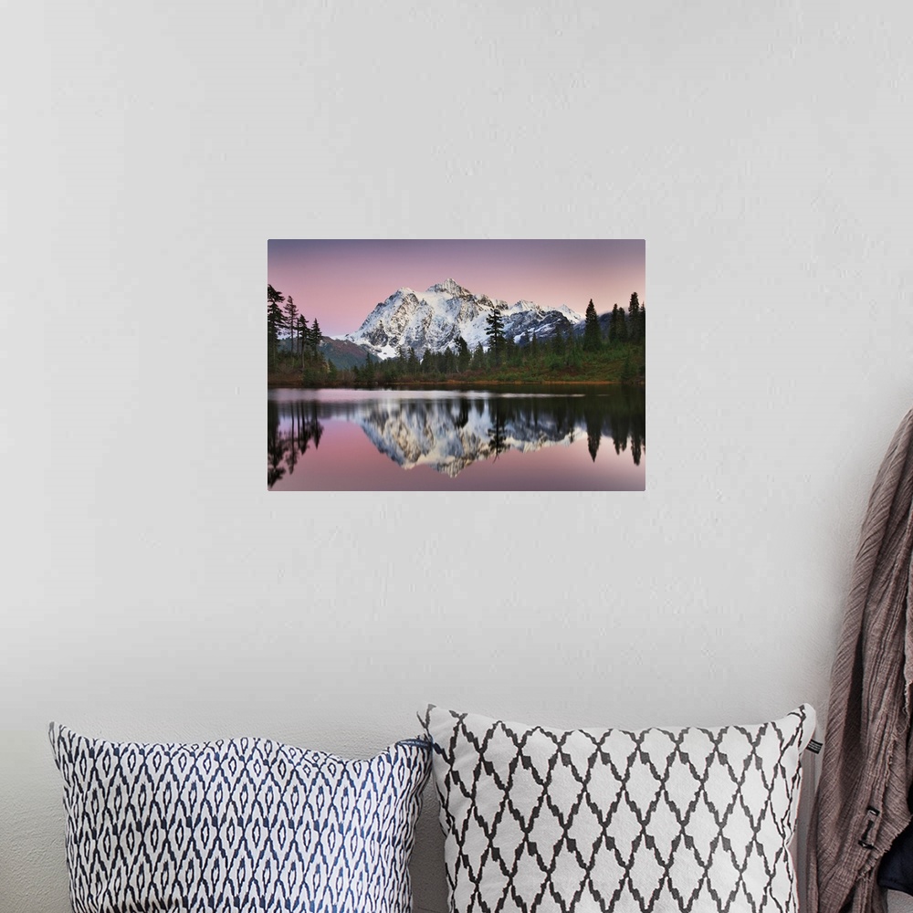 A bohemian room featuring Photograph of alpenglow over Mount Shuksan (9131 feet, 2783 meters) seen from Picture Lake, Heath...