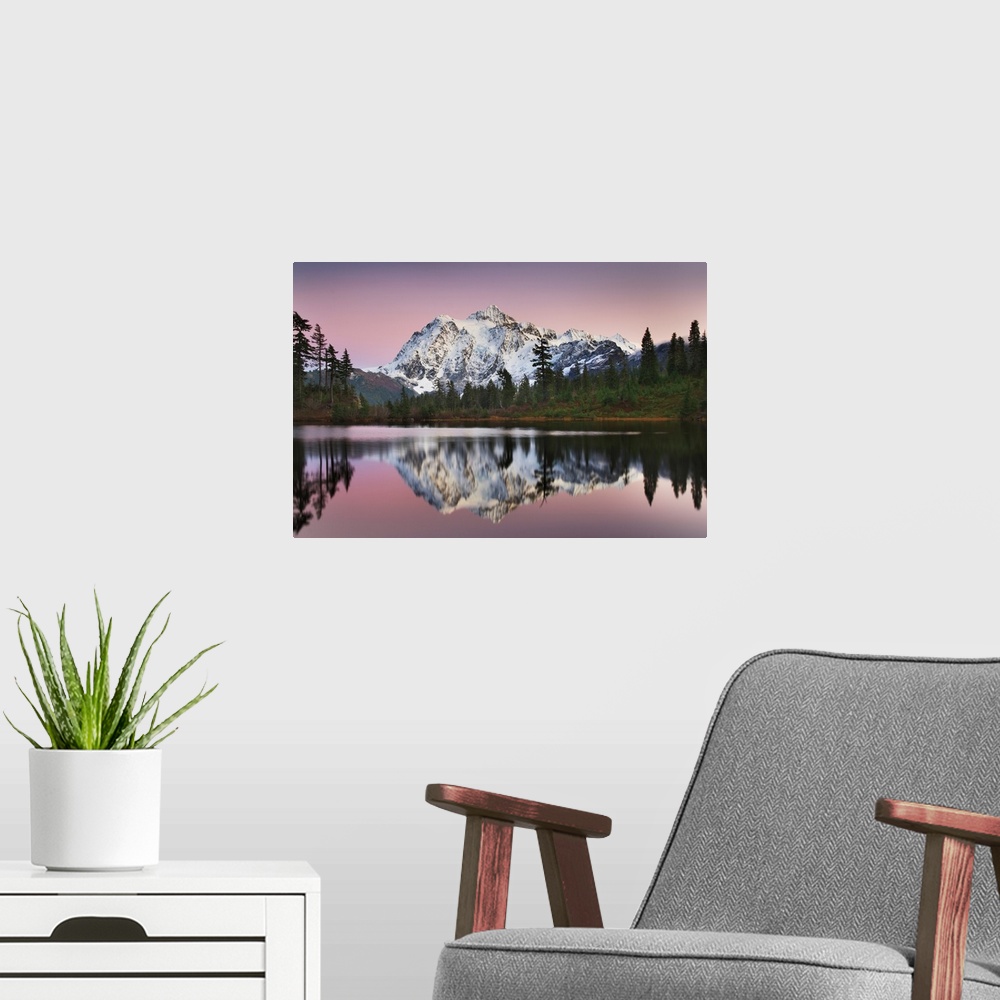 A modern room featuring Photograph of alpenglow over Mount Shuksan (9131 feet, 2783 meters) seen from Picture Lake, Heath...