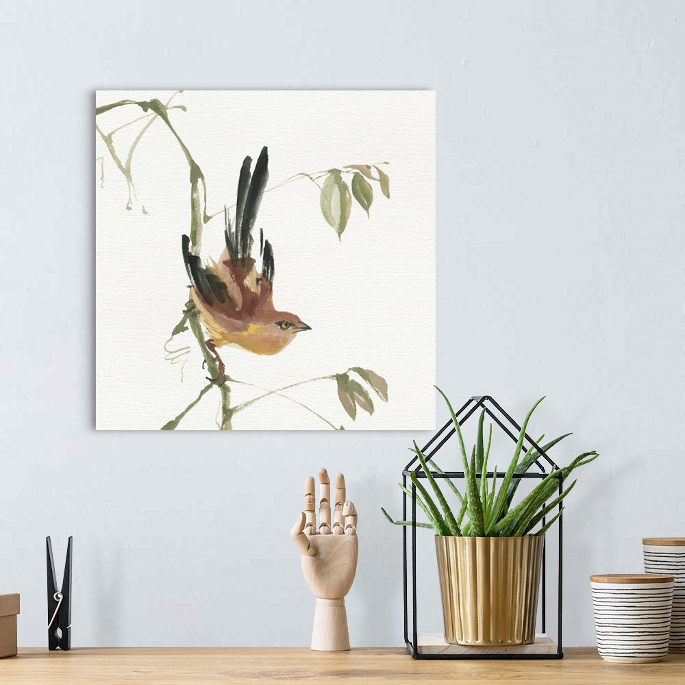 A bohemian room featuring Contemporary painting of a bird perched on a drooping branch.