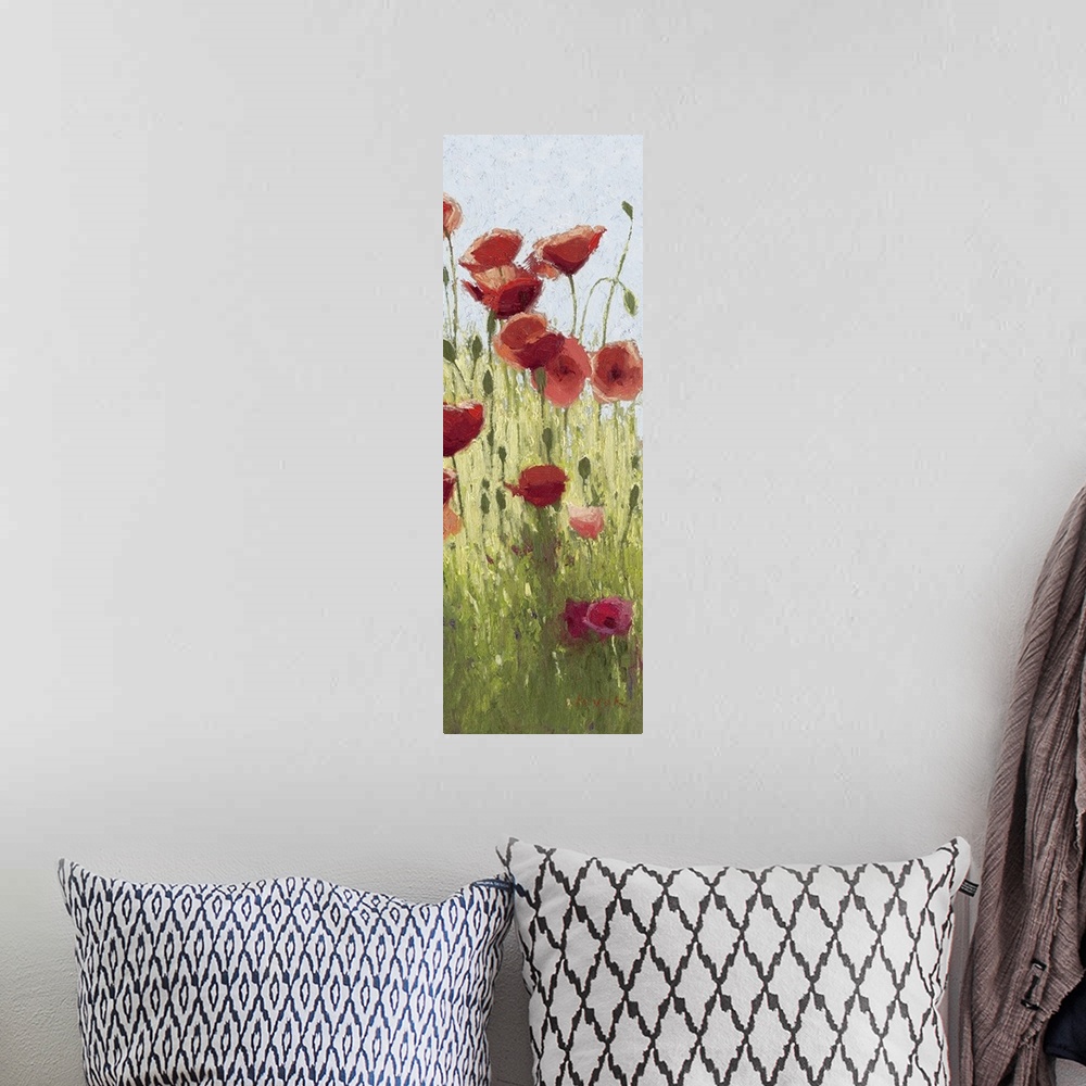A bohemian room featuring This large vertical piece is a painting of red poppy flowers sprouting from green foliage.