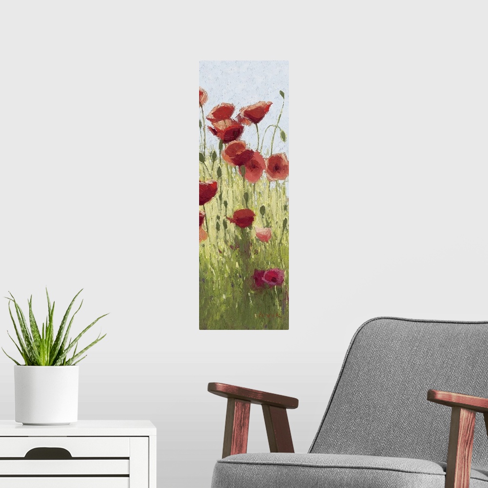 A modern room featuring This large vertical piece is a painting of red poppy flowers sprouting from green foliage.