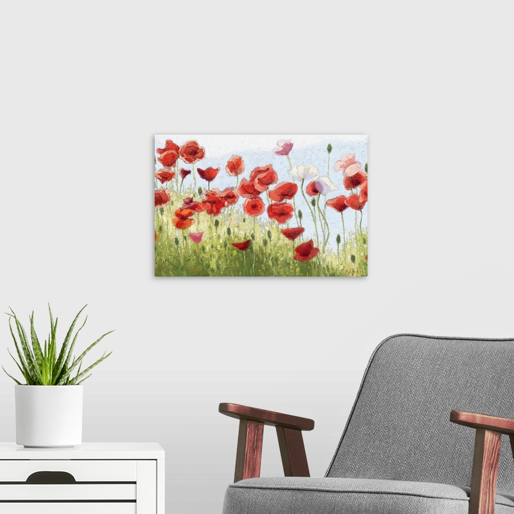 A modern room featuring A horizontal impressionistic painting of a field of poppies.