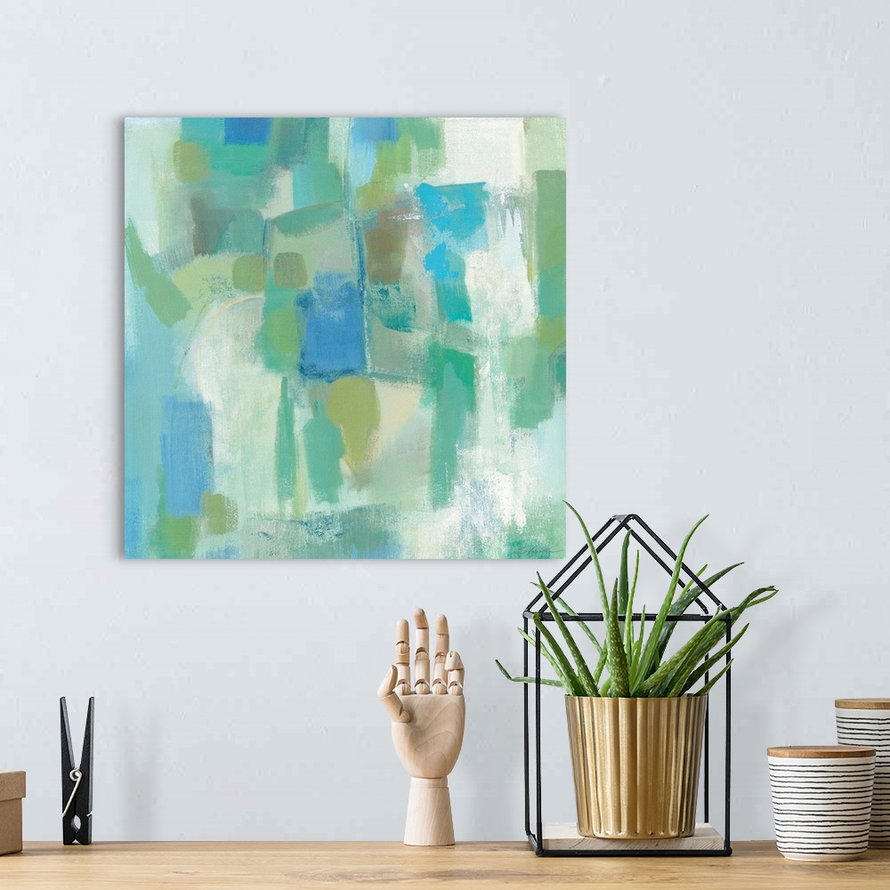 A bohemian room featuring Contemporary abstract painting in pastel blue shades.