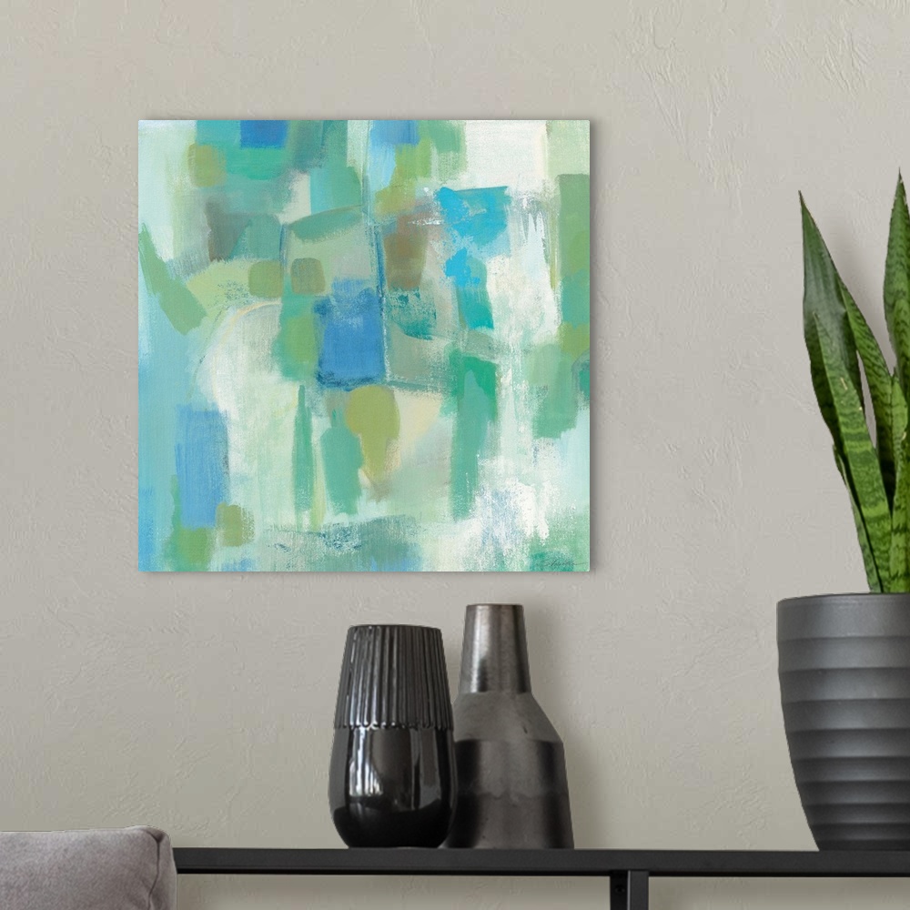A modern room featuring Contemporary abstract painting in pastel blue shades.