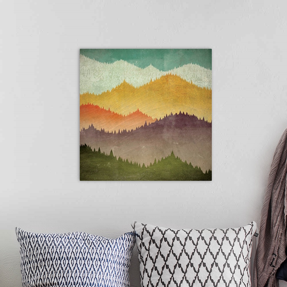 A bohemian room featuring Contemporary artwork of colorful mountain peak silhouettes.