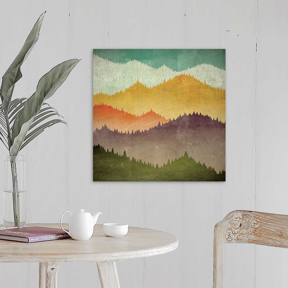 A farmhouse room featuring Contemporary artwork of colorful mountain peak silhouettes.