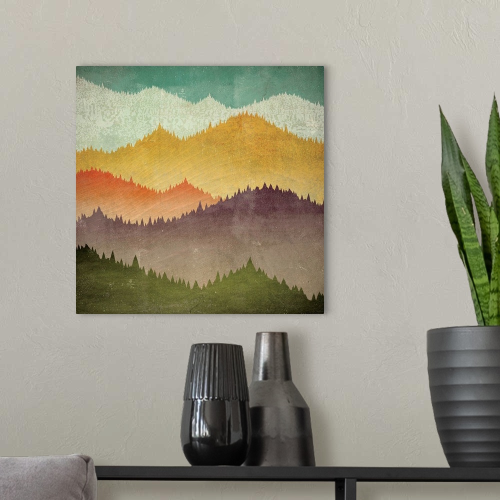 A modern room featuring Contemporary artwork of colorful mountain peak silhouettes.