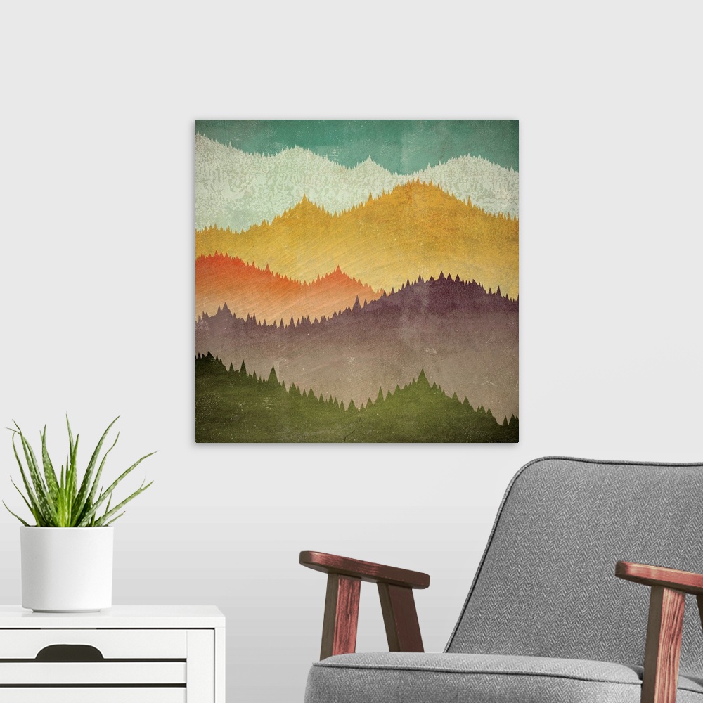 A modern room featuring Contemporary artwork of colorful mountain peak silhouettes.
