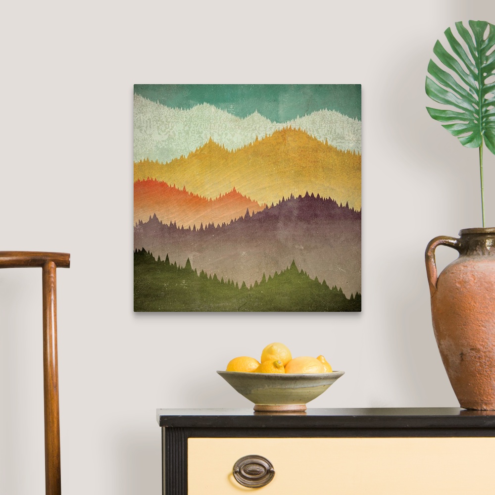 A traditional room featuring Contemporary artwork of colorful mountain peak silhouettes.