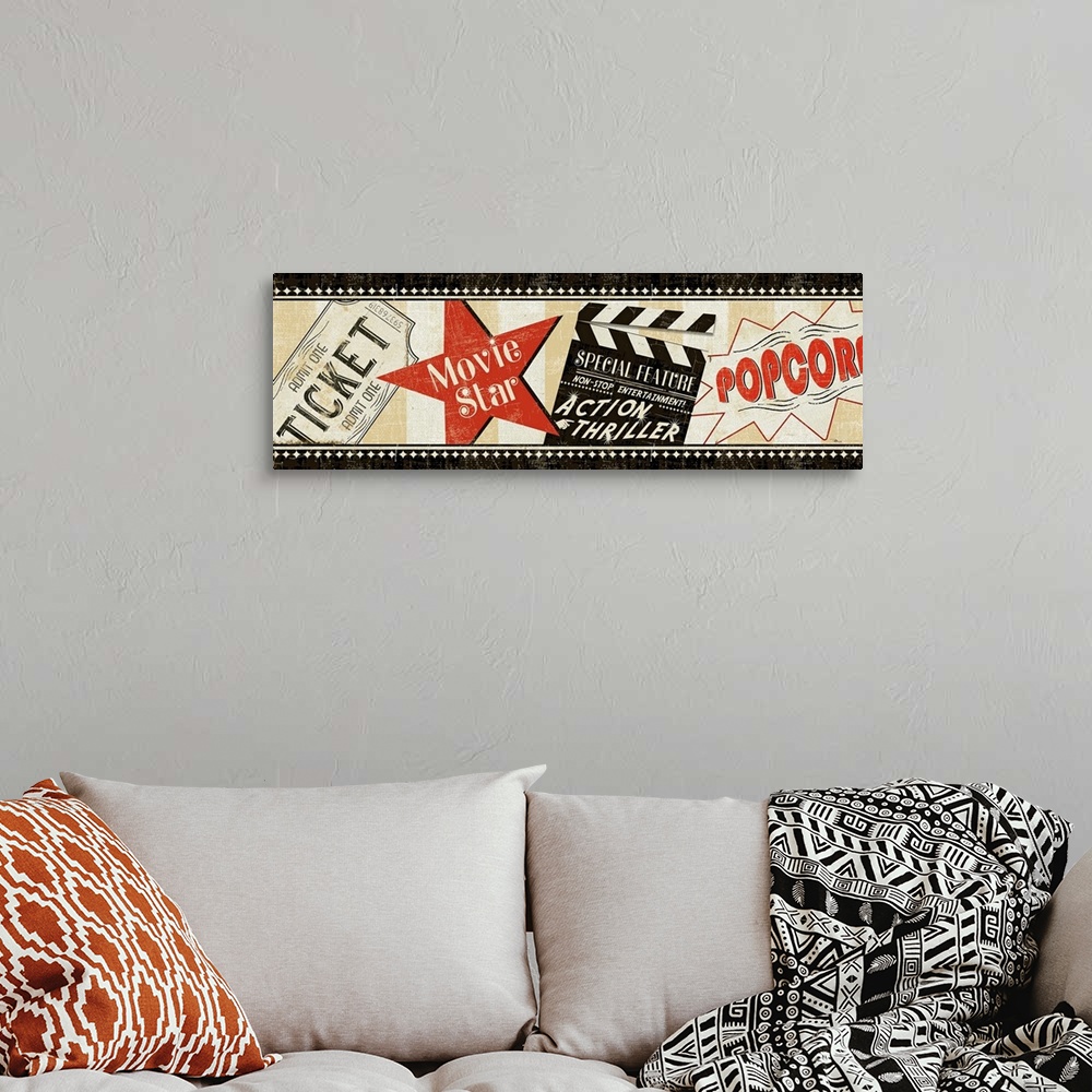 A bohemian room featuring This vintage style artwork has a film strip appearance with an old fashioned ticket, popcorn sign...