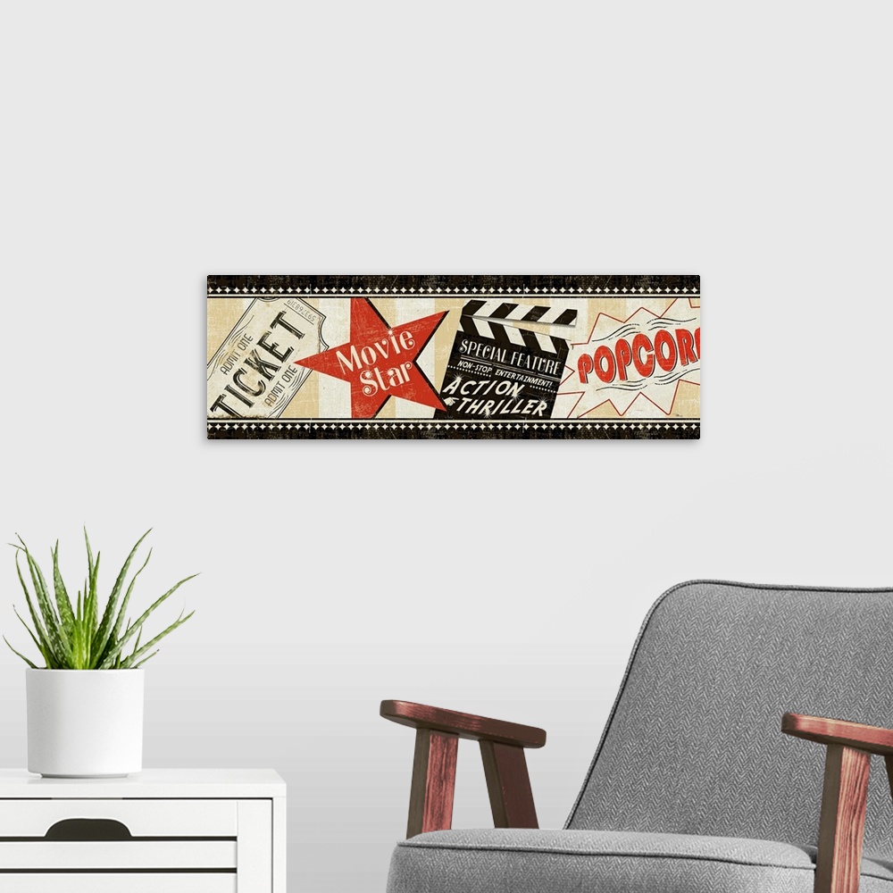 A modern room featuring This vintage style artwork has a film strip appearance with an old fashioned ticket, popcorn sign...