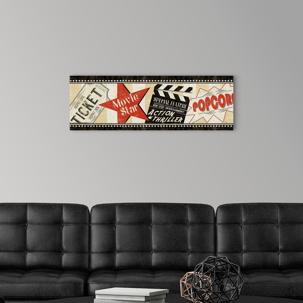 A modern room featuring This vintage style artwork has a film strip appearance with an old fashioned ticket, popcorn sign...
