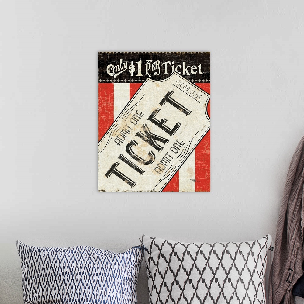 A bohemian room featuring This piece is artwork of a vintage style movie ticket with a red and white striped background.