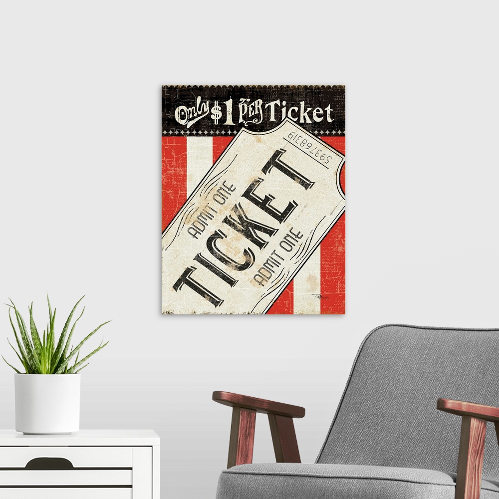 A modern room featuring This piece is artwork of a vintage style movie ticket with a red and white striped background.