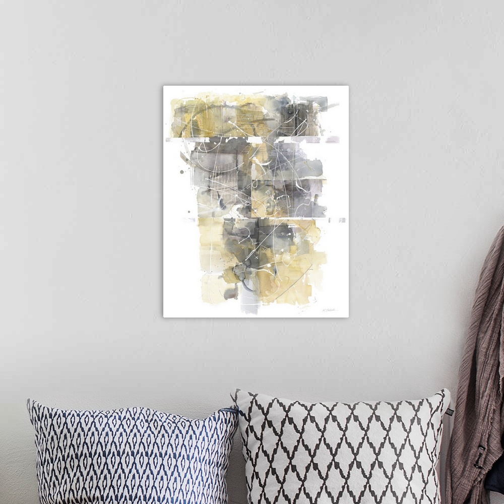 A bohemian room featuring Large busy abstract painting in shades of grey and yellow.