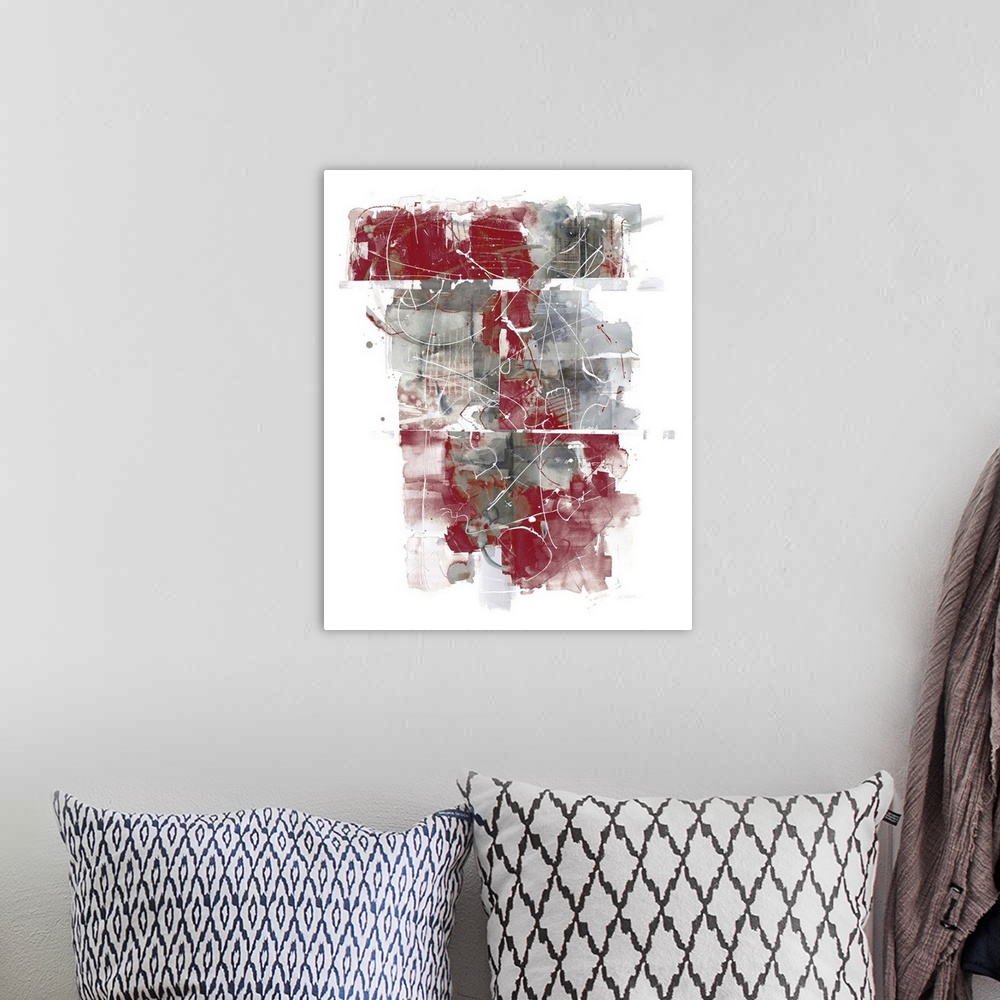 A bohemian room featuring Large abstract painting with gray and red hues layered on top of each other and thin, squiggly, w...
