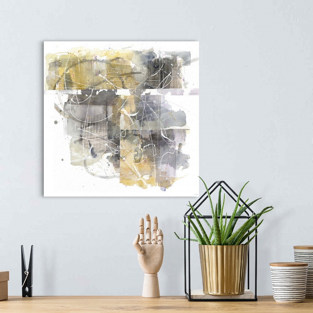A bohemian room featuring Busy square abstract painting in shades of yellow and grey on a white background.