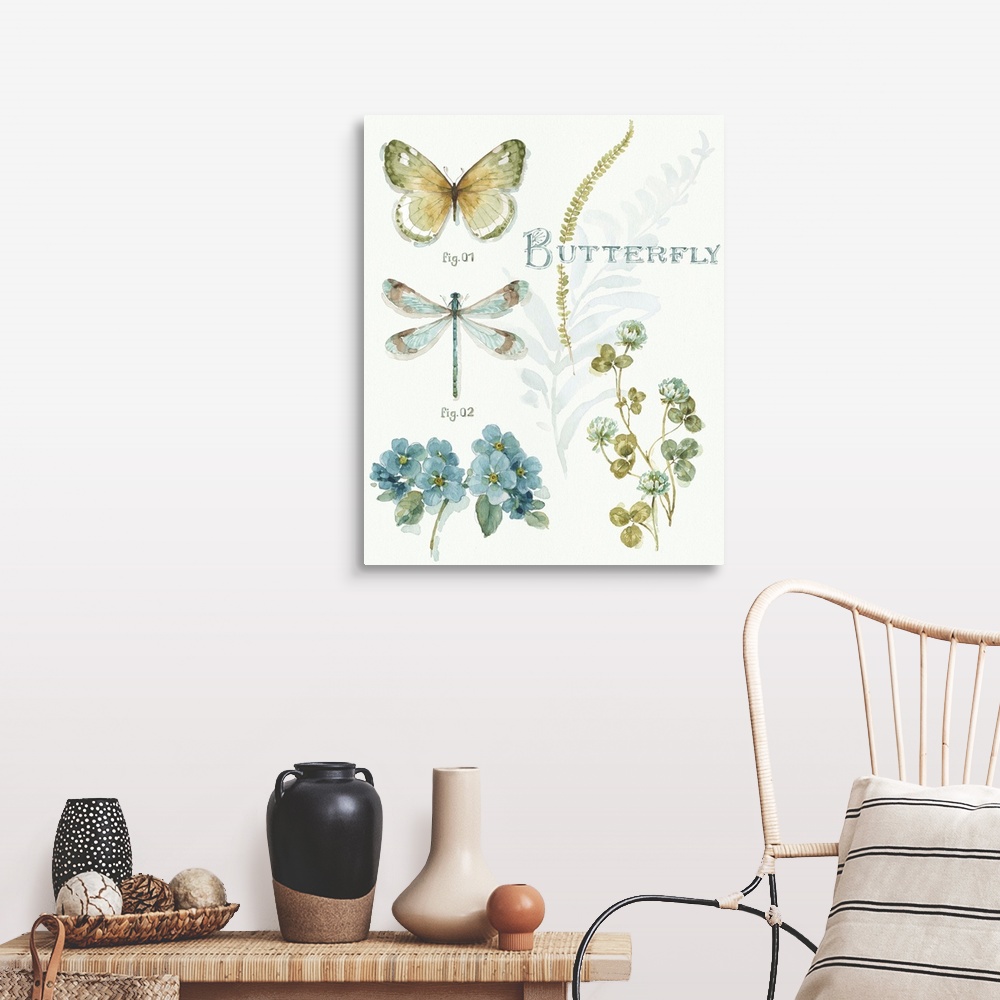 A farmhouse room featuring Watercolor painting of a butterfly and a dragonfly with blue flowers and fern leaves.