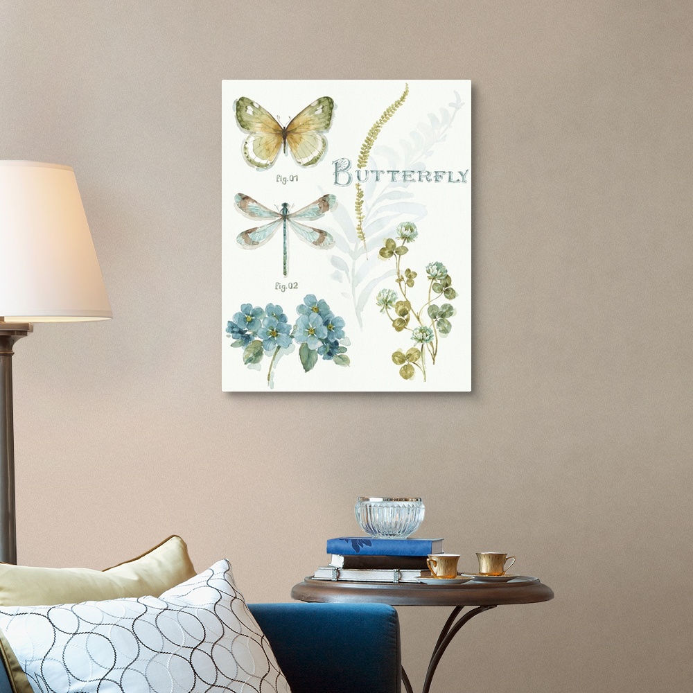A traditional room featuring Watercolor painting of a butterfly and a dragonfly with blue flowers and fern leaves.