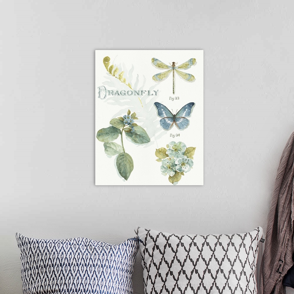 A bohemian room featuring Watercolor painting of a butterfly and a dragonfly with blue flowers and fern leaves.