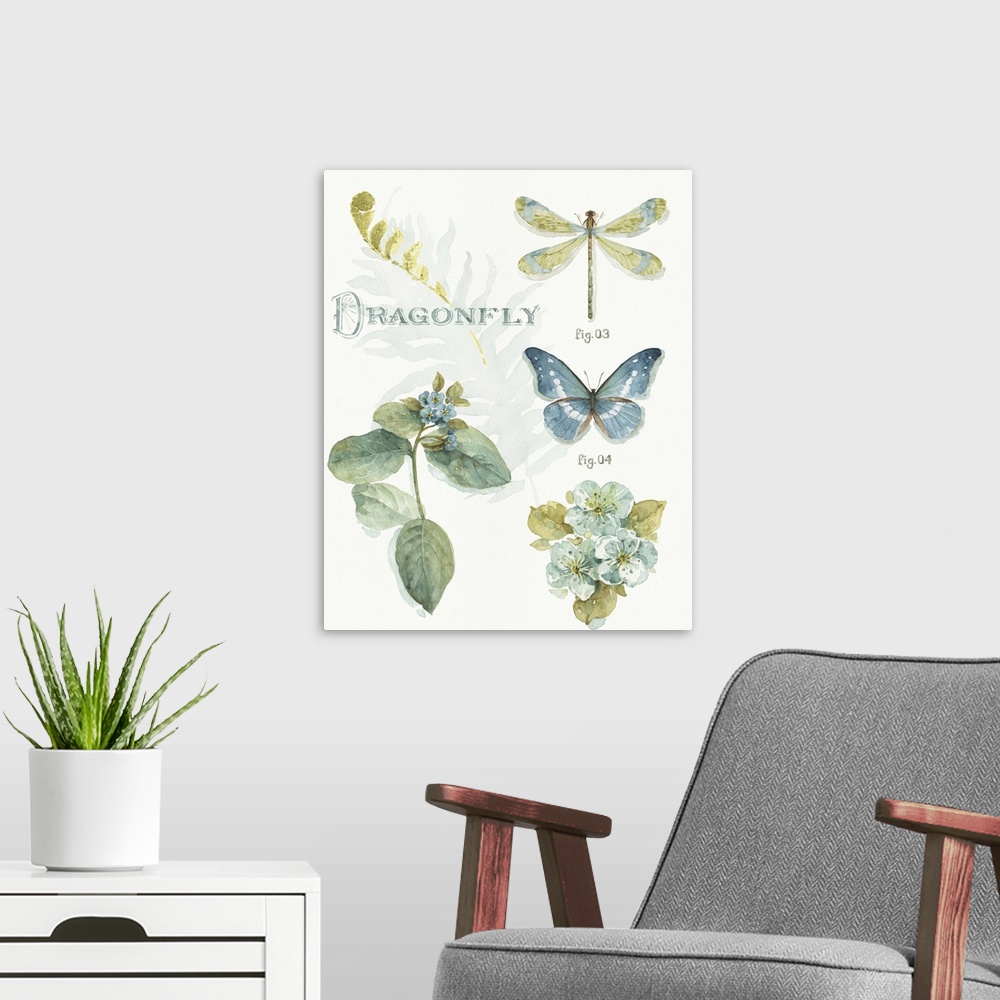 A modern room featuring Watercolor painting of a butterfly and a dragonfly with blue flowers and fern leaves.