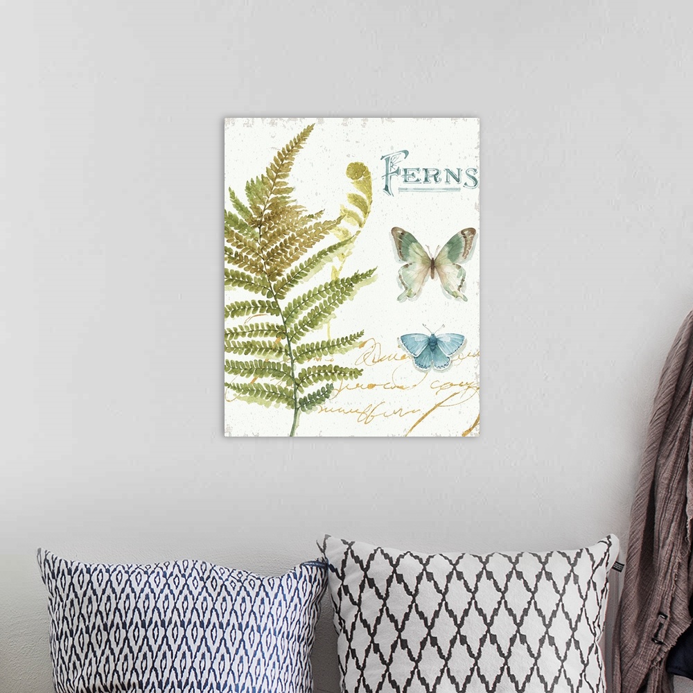 A bohemian room featuring Watercolor painting of a big fern branch and two butterflies with the word "Ferns" written in blu...