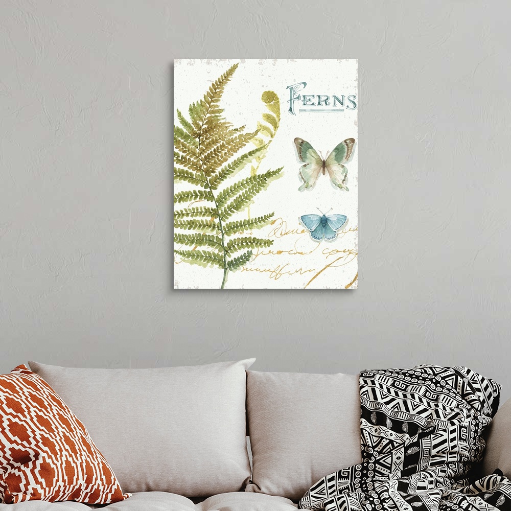 A bohemian room featuring Watercolor painting of a big fern branch and two butterflies with the word "Ferns" written in blu...