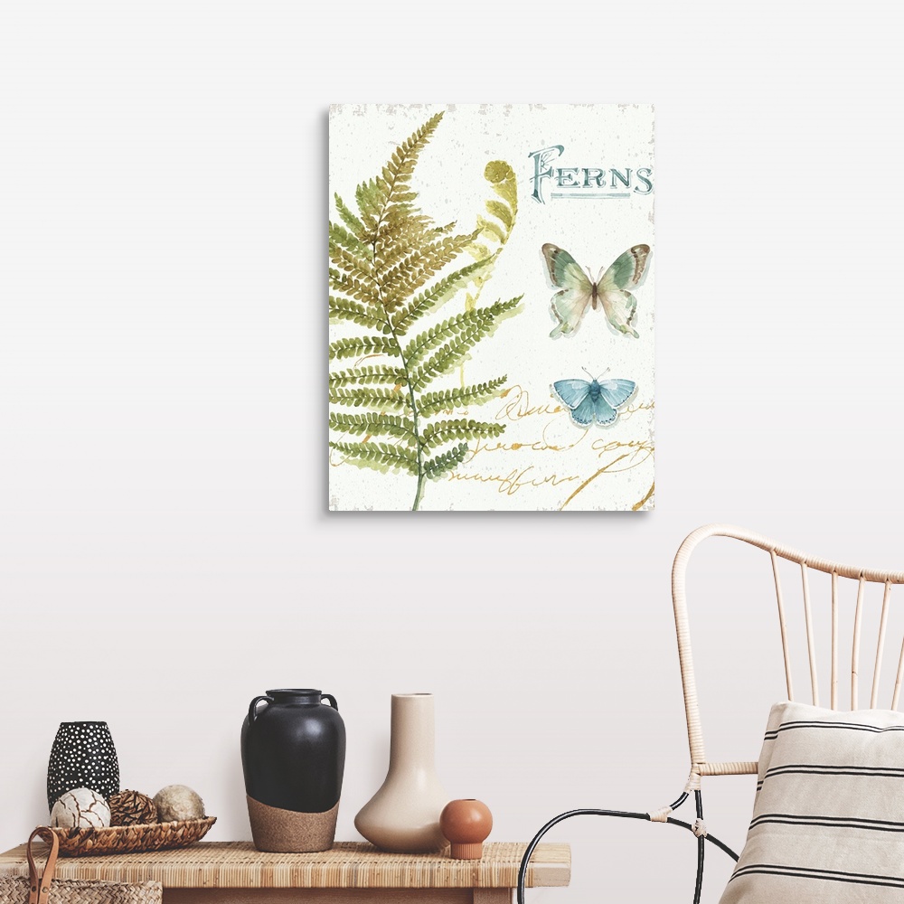 A farmhouse room featuring Watercolor painting of a big fern branch and two butterflies with the word "Ferns" written in blu...