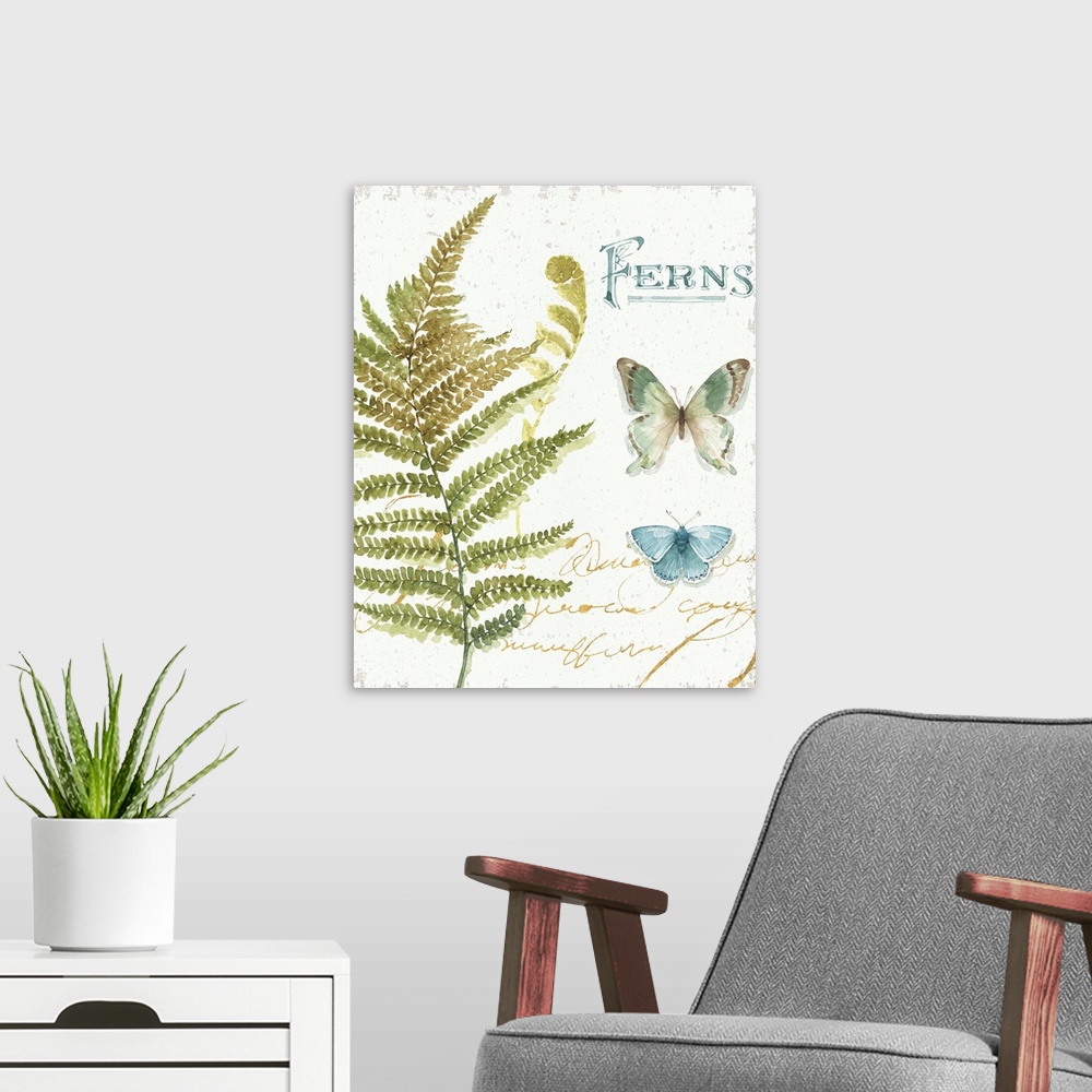 A modern room featuring Watercolor painting of a big fern branch and two butterflies with the word "Ferns" written in blu...