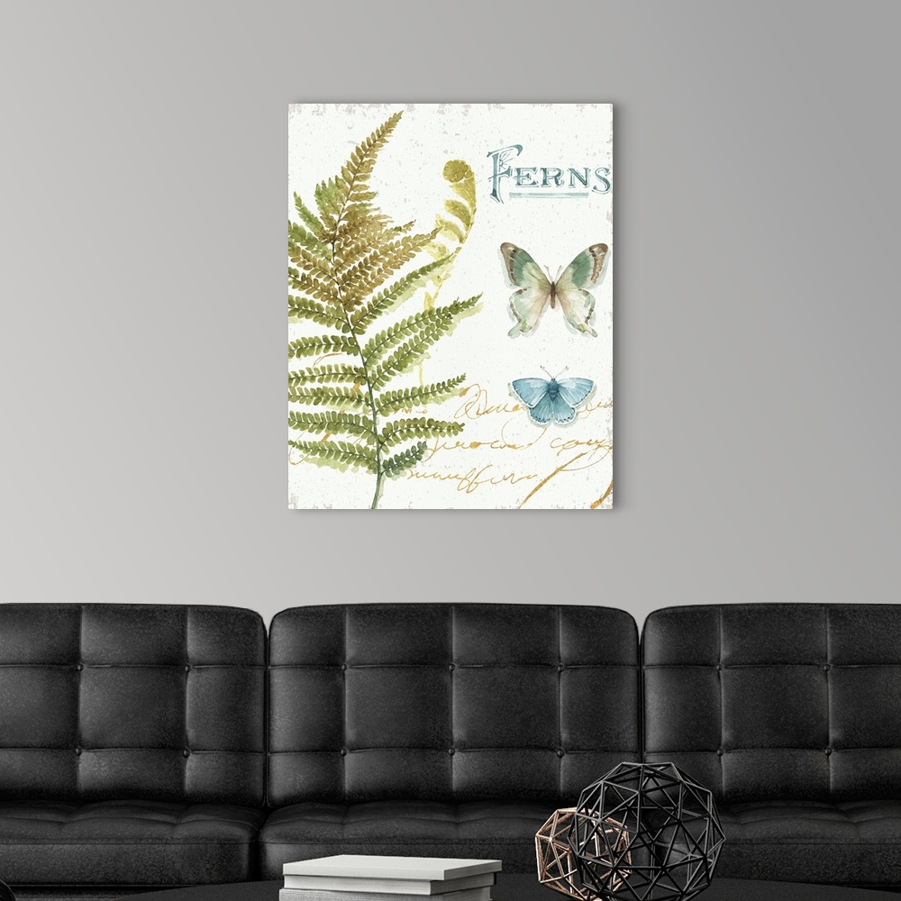 A modern room featuring Watercolor painting of a big fern branch and two butterflies with the word "Ferns" written in blu...
