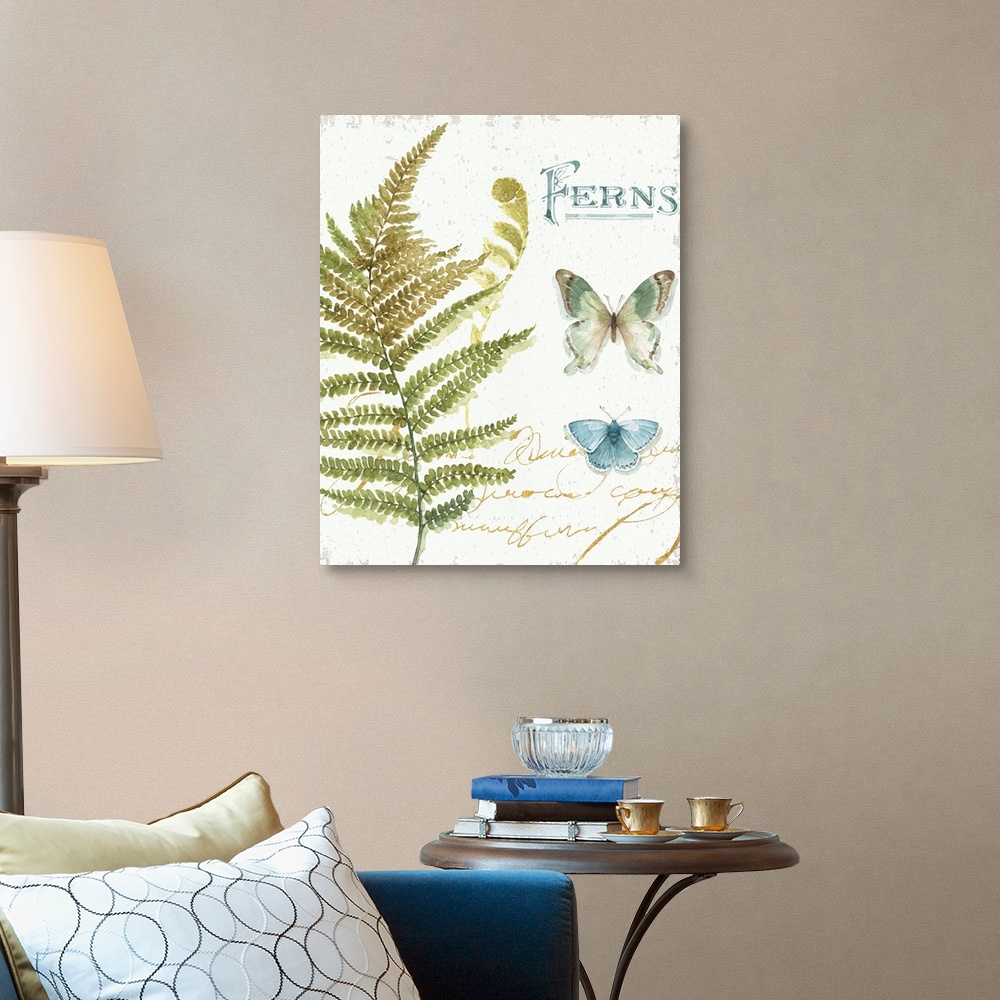 A traditional room featuring Watercolor painting of a big fern branch and two butterflies with the word "Ferns" written in blu...