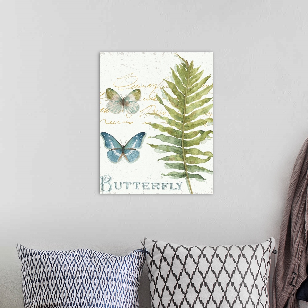 A bohemian room featuring Watercolor painting of leaves and two butterflies with the word "Butterfly" written in blue on th...