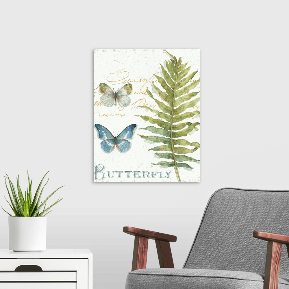 A modern room featuring Watercolor painting of leaves and two butterflies with the word "Butterfly" written in blue on th...