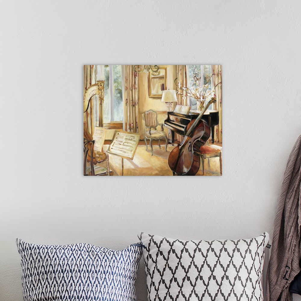A bohemian room featuring Painting of living room used for practicing music.  There is a piano, cello, flute, and harp in t...