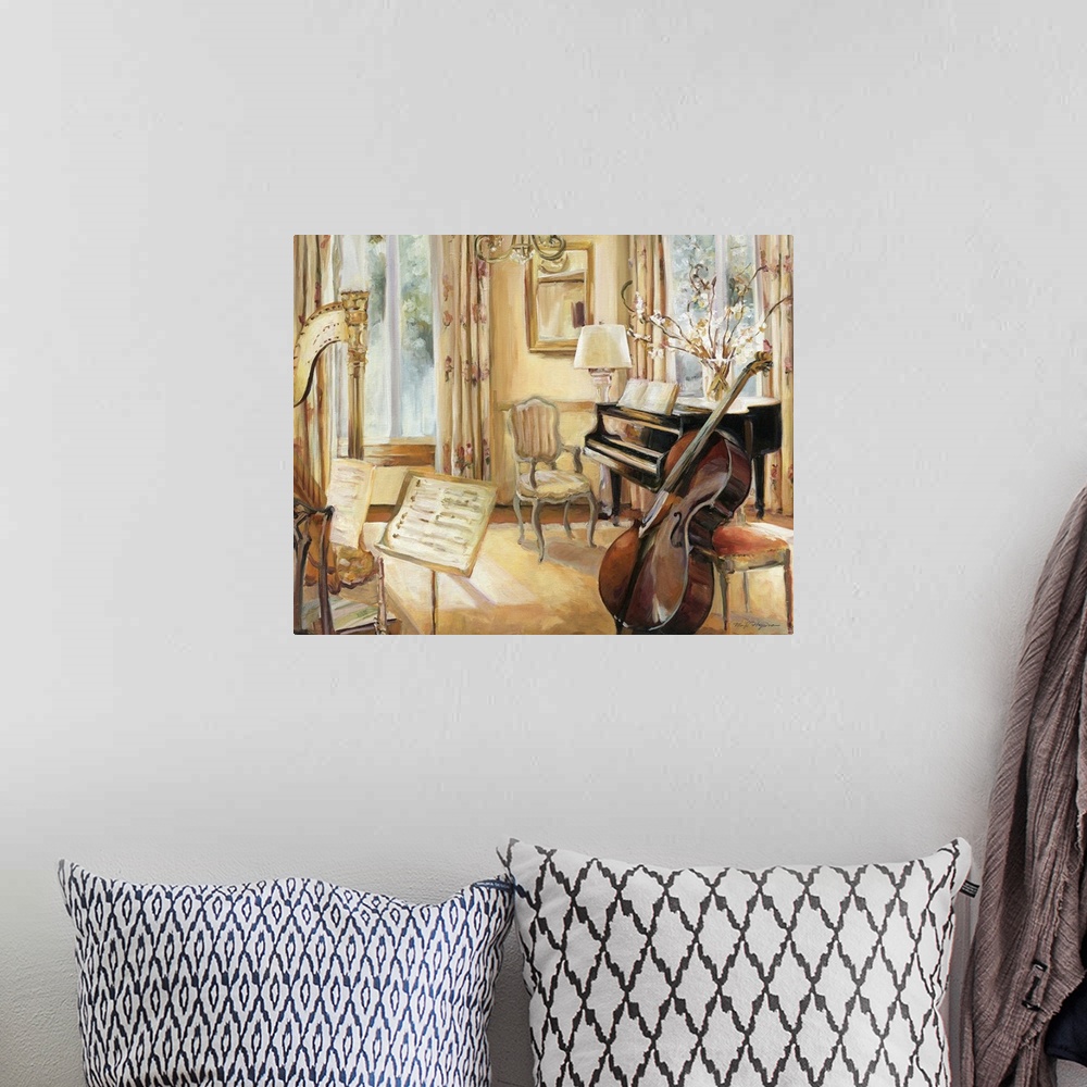 A bohemian room featuring Painting of living room used for practicing music.  There is a piano, cello, flute, and harp in t...