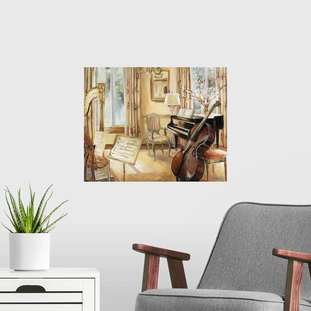 A modern room featuring Painting of living room used for practicing music.  There is a piano, cello, flute, and harp in t...