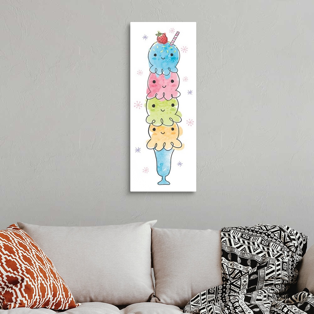 A bohemian room featuring Tall and skinny vertical watercolor painting of an ice cream milkshake with four different colore...