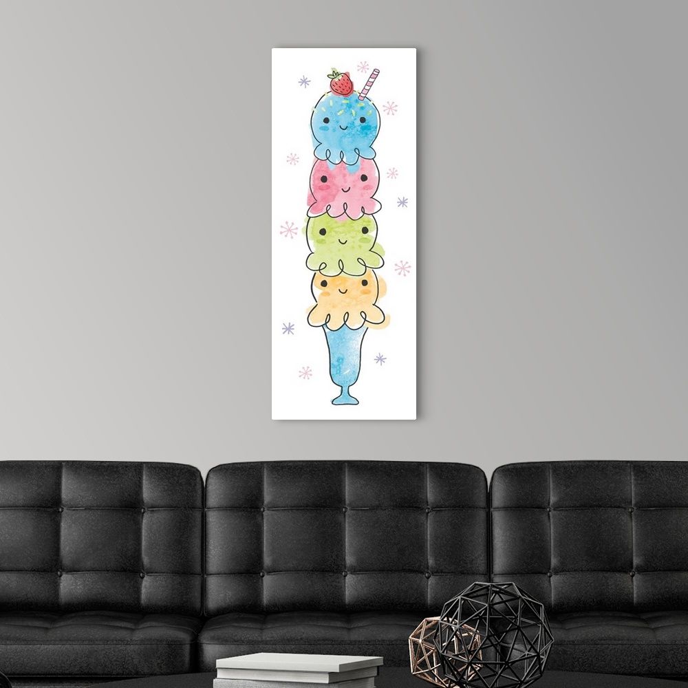 A modern room featuring Tall and skinny vertical watercolor painting of an ice cream milkshake with four different colore...