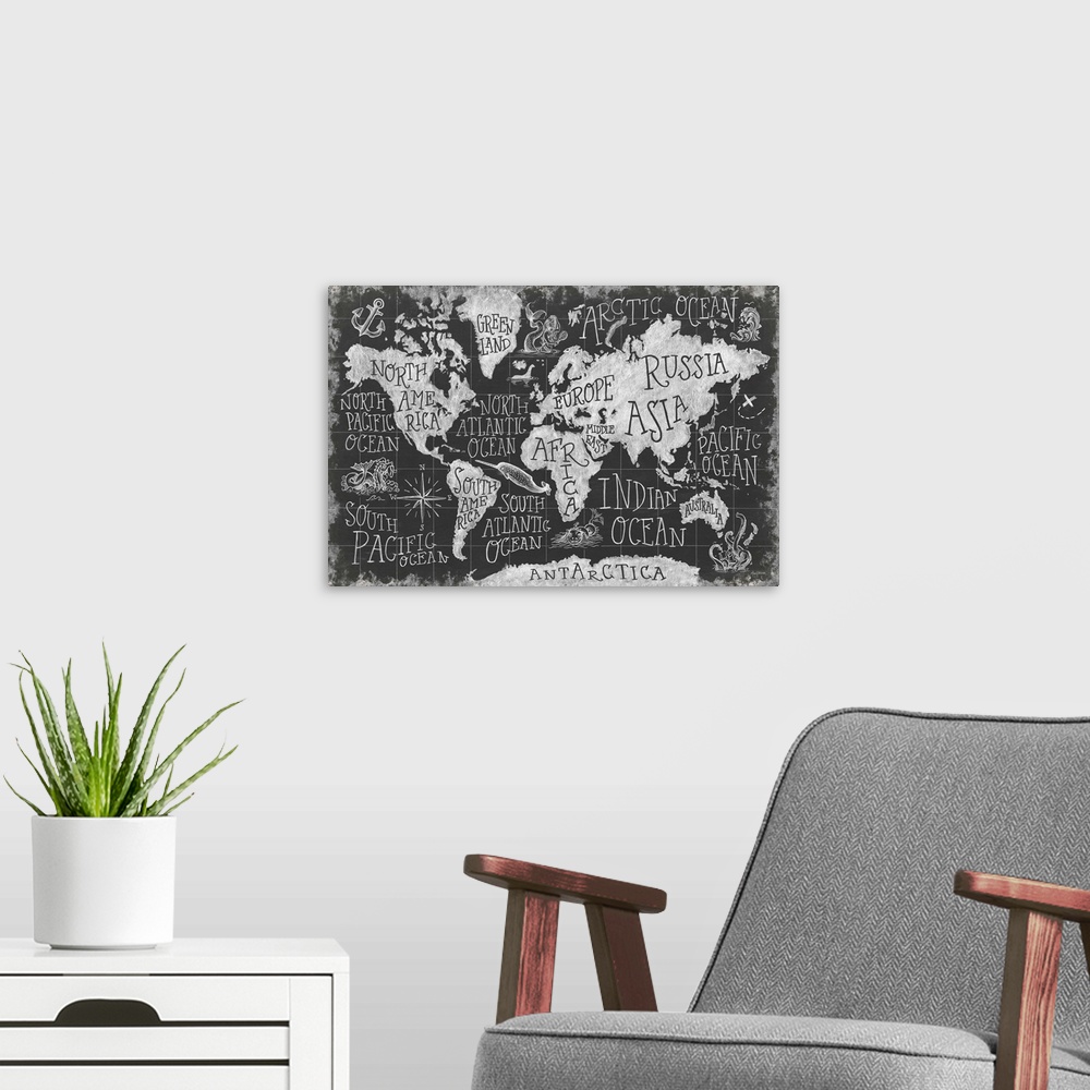 A modern room featuring Chalkboard map of the world with mythical creatures decorating the oceans.