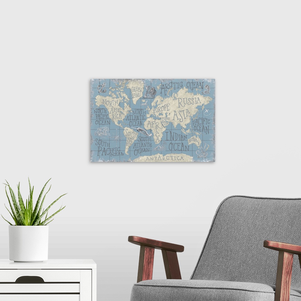 A modern room featuring Decorative artwork of a vintage stylized maps with different parts labeled in a serif font.