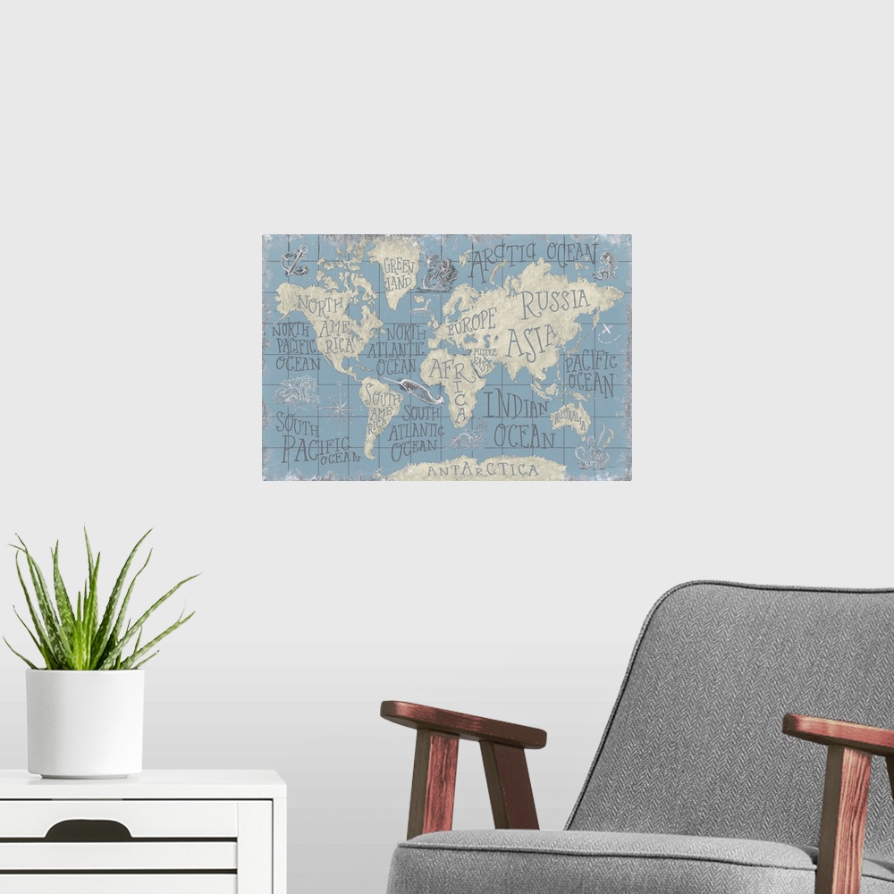 A modern room featuring Decorative artwork of a vintage stylized maps with different parts labeled in a serif font.