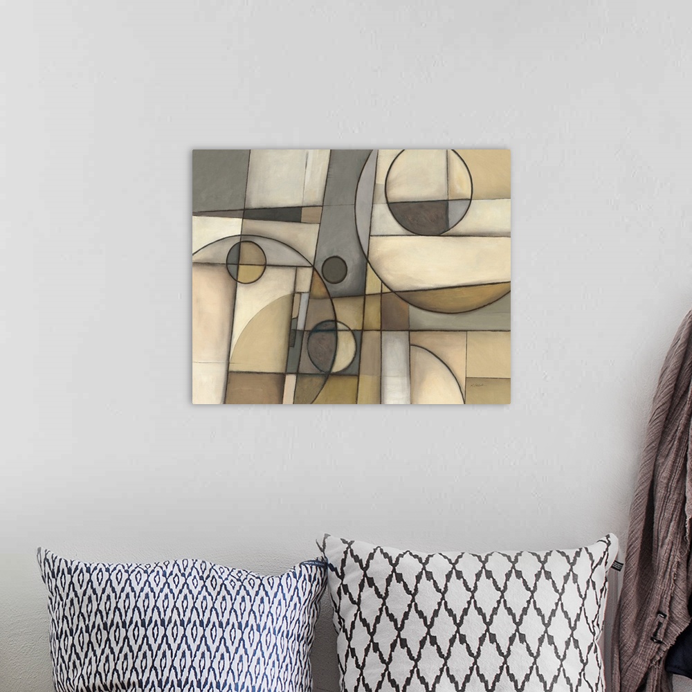 A bohemian room featuring Abstract cubism style painting in neutral colors with geometric shapes.
